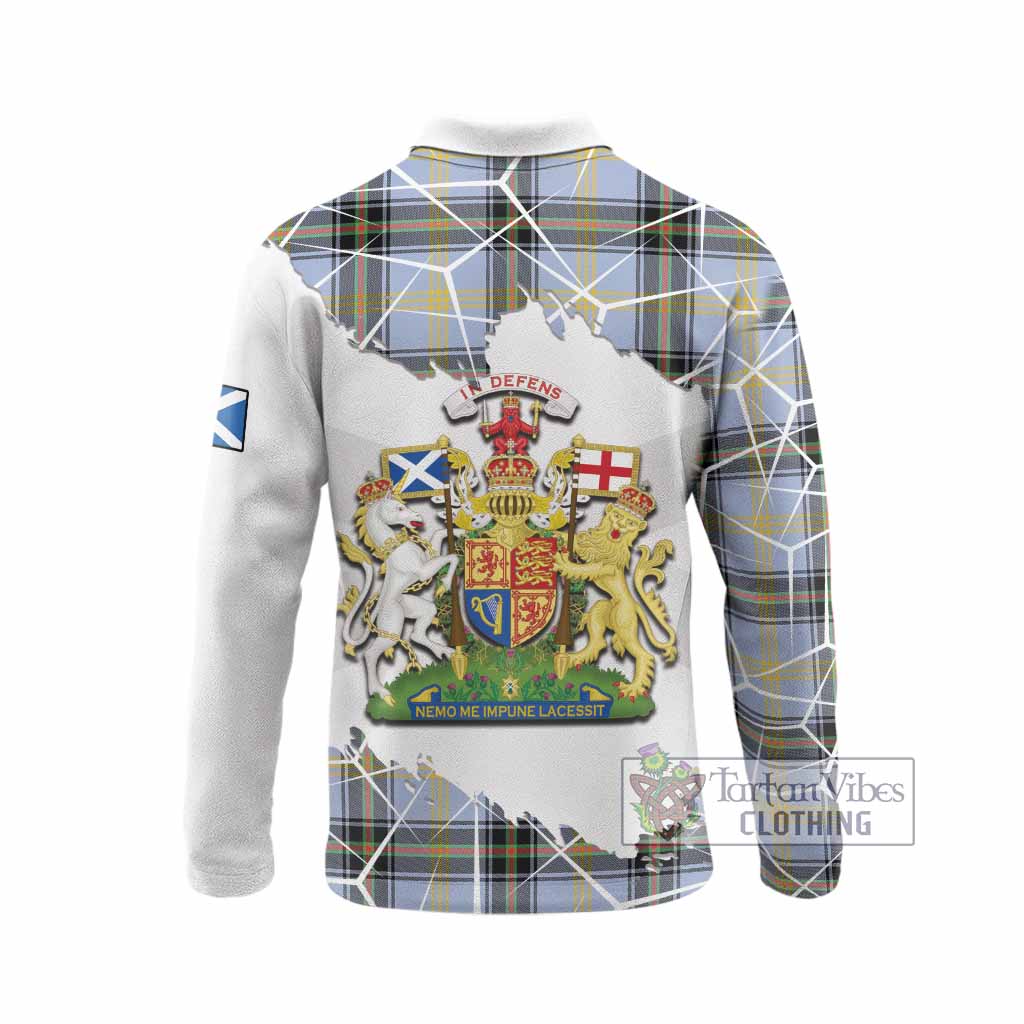 Bell Tartan Long Sleeve Polo Shirt with Family Crest and Lion Rampant Grunge Style