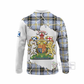 Bell Tartan Long Sleeve Polo Shirt with Family Crest and Lion Rampant Grunge Style