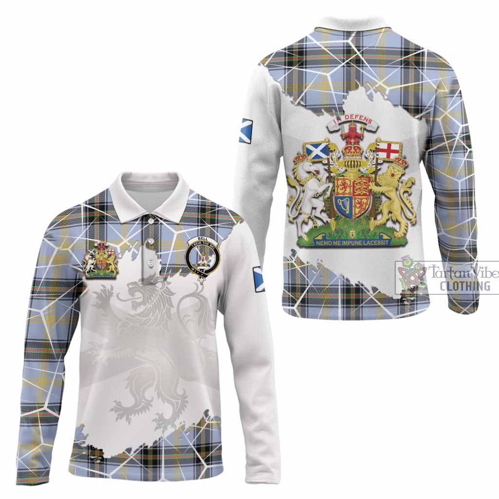 Bell Tartan Long Sleeve Polo Shirt with Family Crest and Lion Rampant Grunge Style