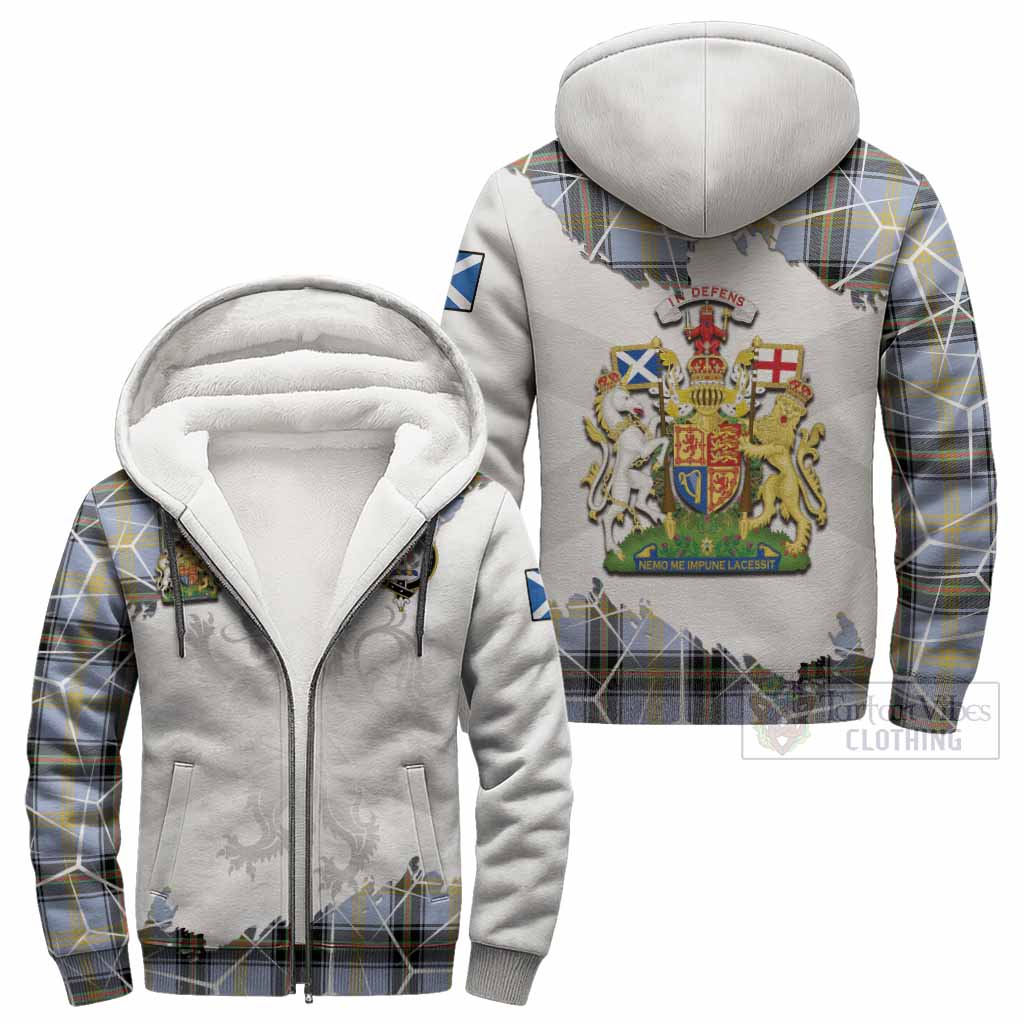 Bell Tartan Sherpa Hoodie with Family Crest and Lion Rampant Grunge Style