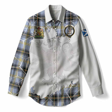 Bell Tartan Women Casual Shirt with Family Crest and Lion Rampant Grunge Style