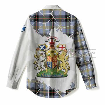 Bell Tartan Women Casual Shirt with Family Crest and Lion Rampant Grunge Style