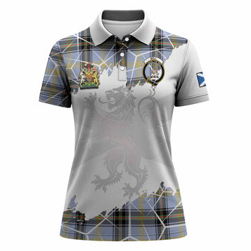 Bell Tartan Women Polo Shirt with Family Crest and Lion Rampant Grunge Style