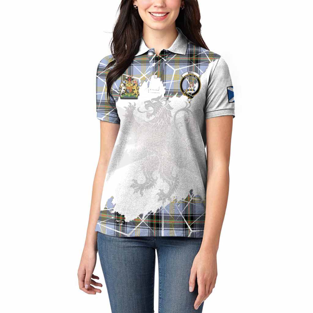 Bell Tartan Women Polo Shirt with Family Crest and Lion Rampant Grunge Style
