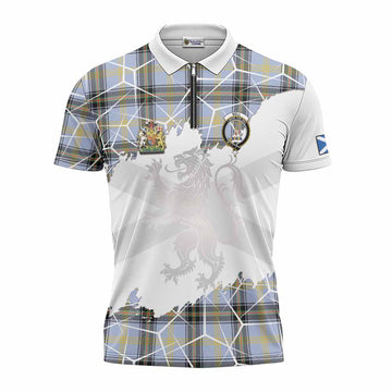 Bell Tartan Zipper Polo Shirt with Family Crest and Lion Rampant Grunge Style