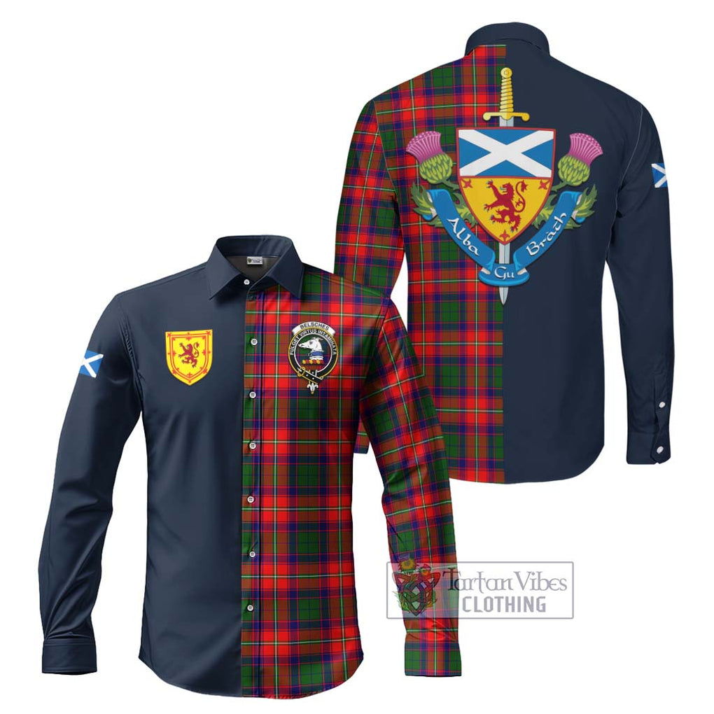 Tartan Vibes Clothing Belsches Tartan Long Sleeve Button Shirt with Scottish Lion Royal Arm Half Style