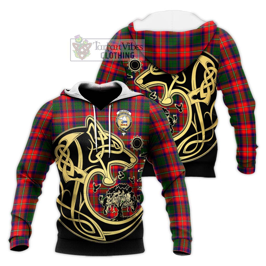 Belsches Tartan Knitted Hoodie with Family Crest Celtic Wolf Style Unisex Knitted Pullover Hoodie - Tartan Vibes Clothing