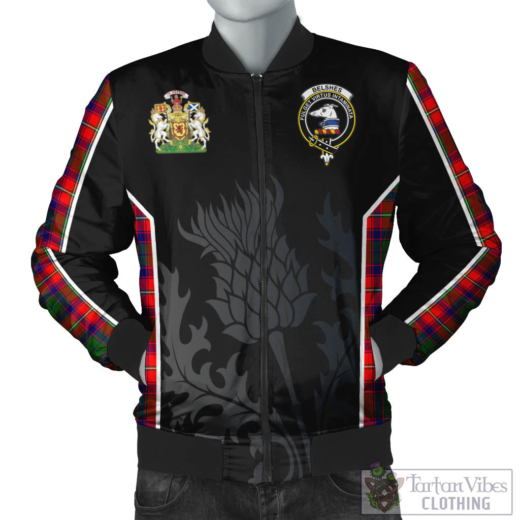 Belshes Tartan Bomber Jacket with Family Crest and Scottish Thistle Vibes Sport Style Unisex Black - Tartan Vibes Clothing