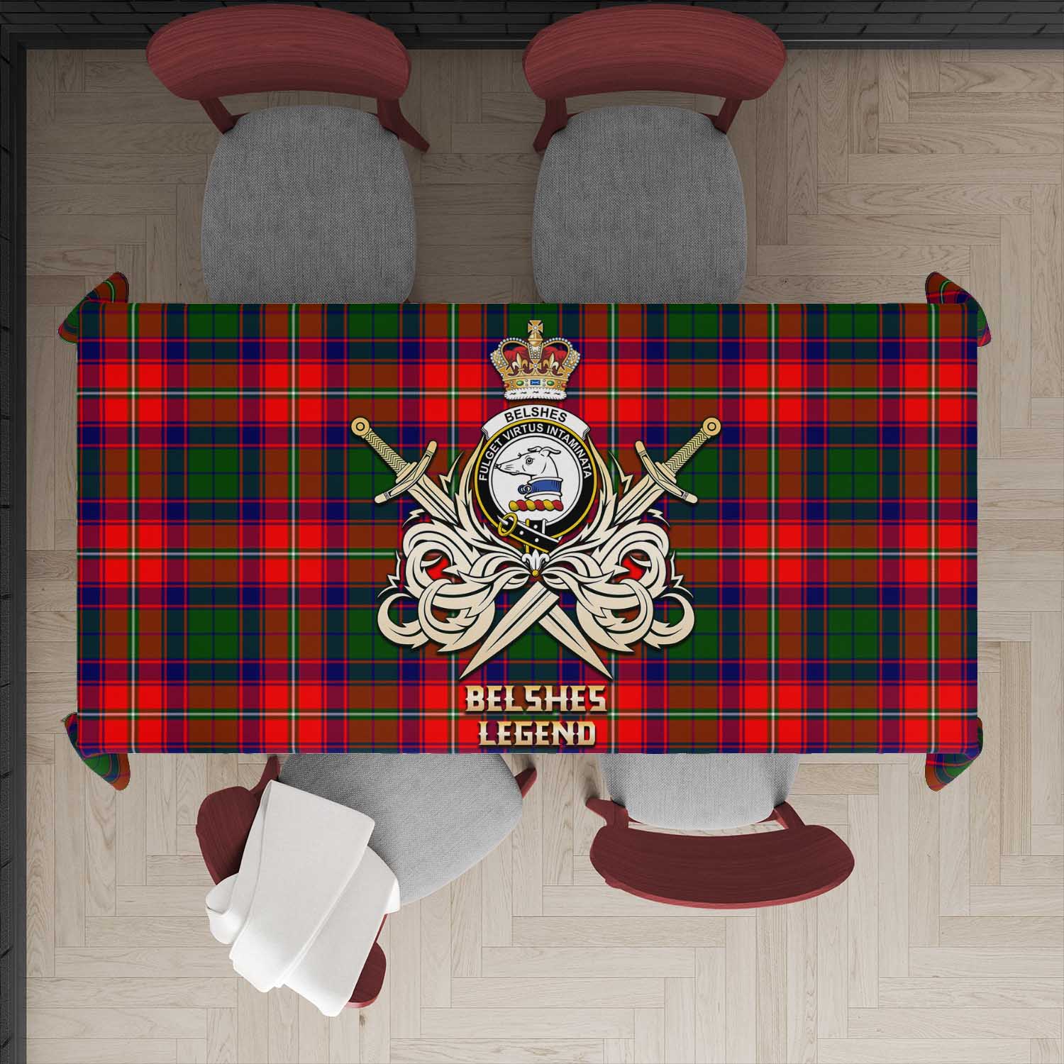 Belshes Tartan Tablecloth with Clan Crest and the Golden Sword of Courageous Legacy - Tartan Vibes Clothing