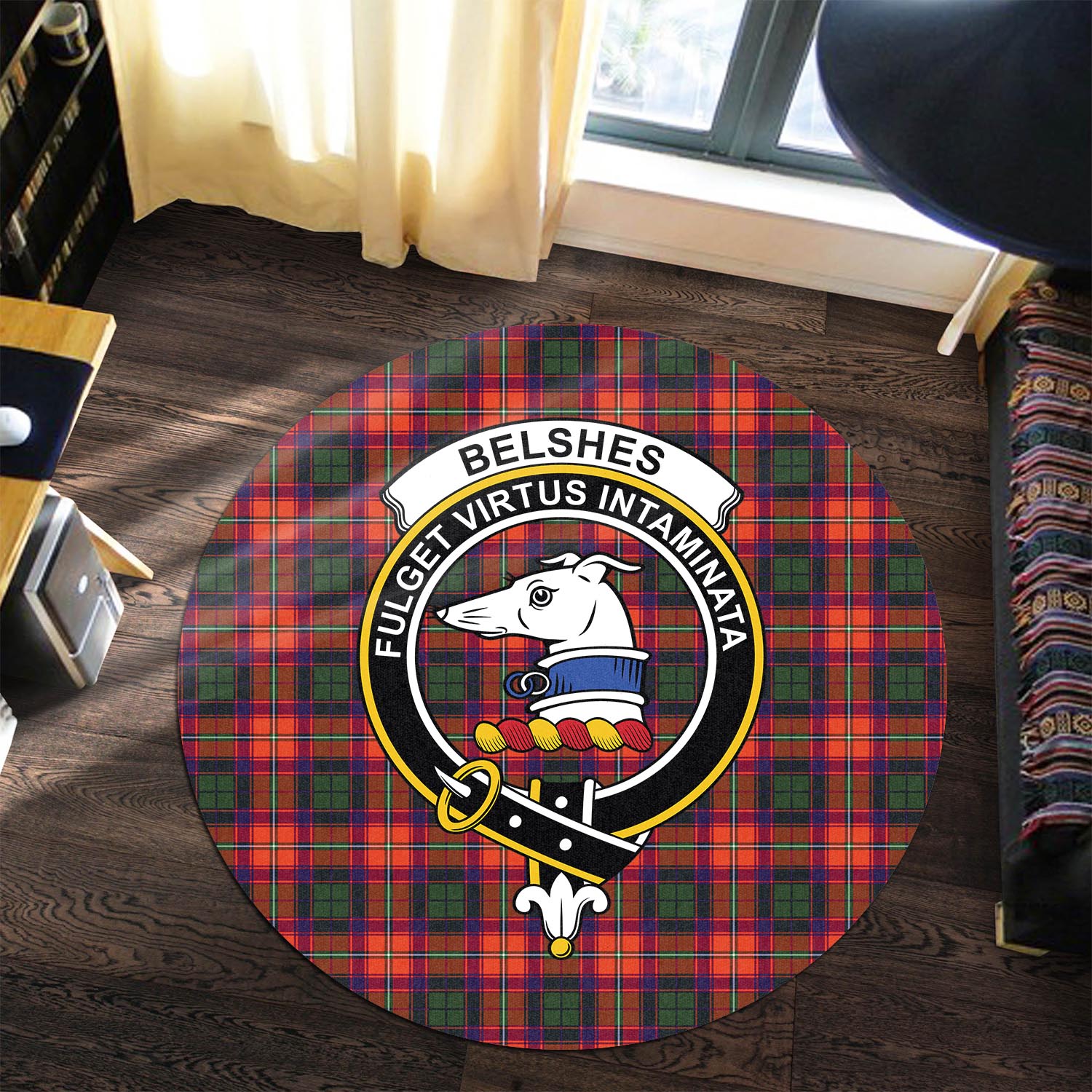 Belshes Tartan Round Rug with Family Crest Premium Round Rug - Tartan Vibes Clothing