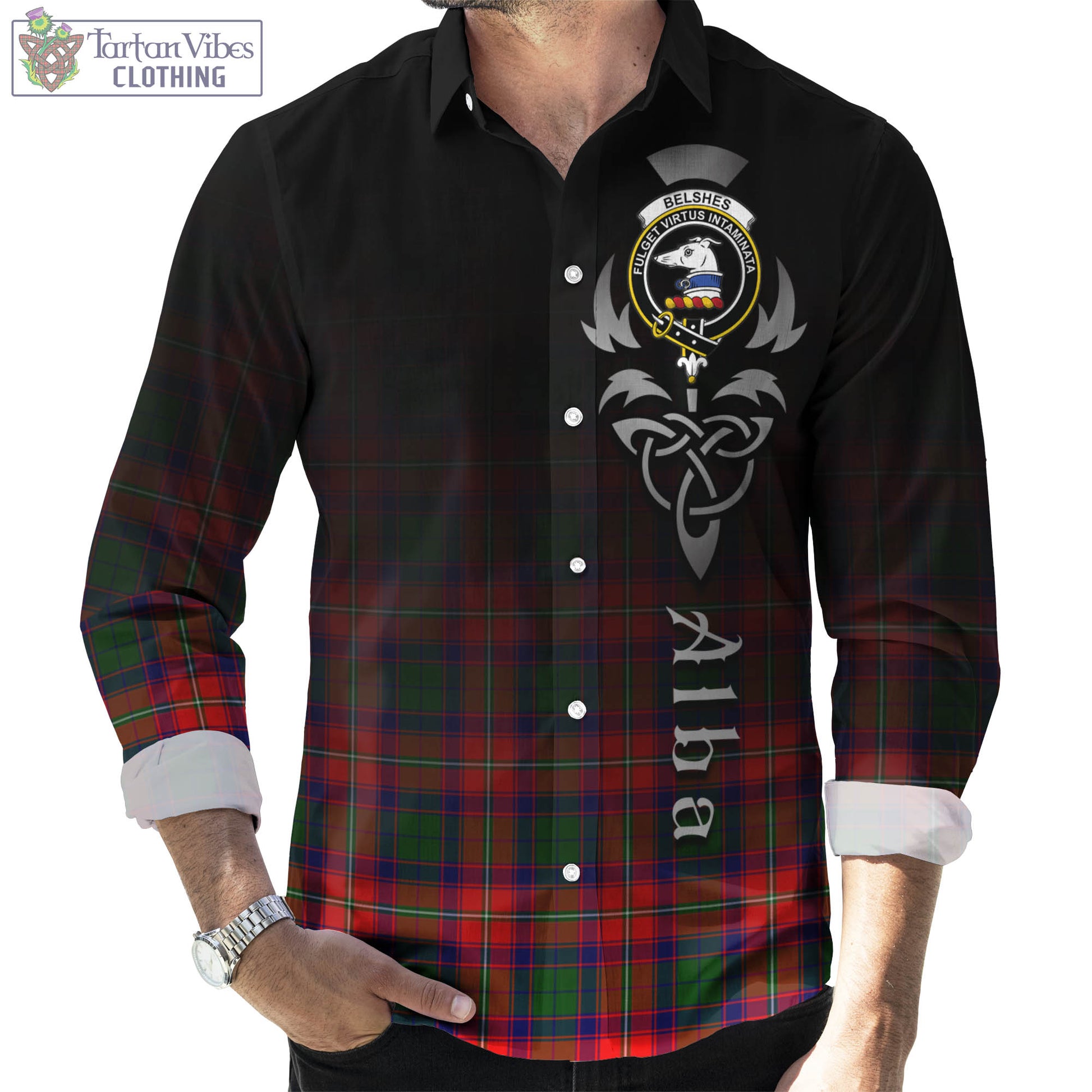Tartan Vibes Clothing Belshes Tartan Long Sleeve Button Up Featuring Alba Gu Brath Family Crest Celtic Inspired