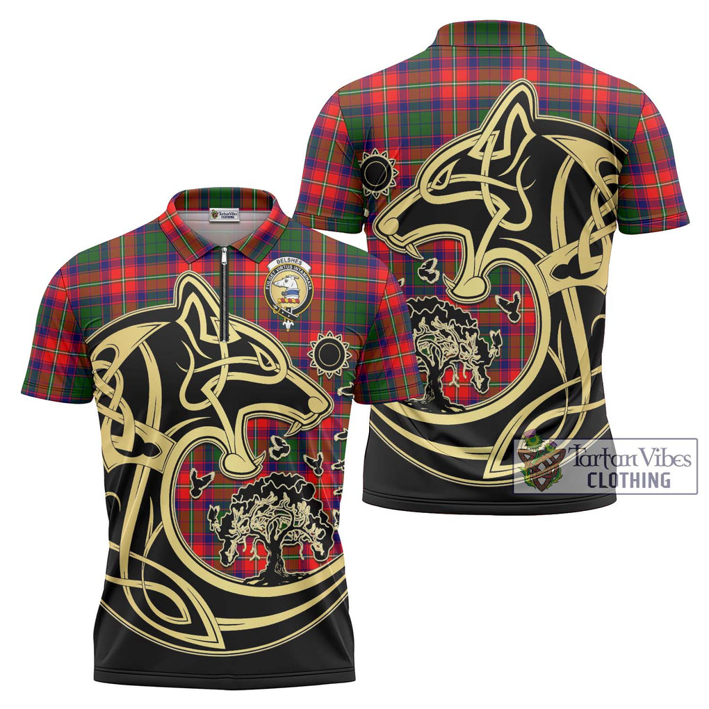 Belshes Tartan Zipper Polo Shirt with Family Crest Celtic Wolf Style Unisex - Tartan Vibes Clothing
