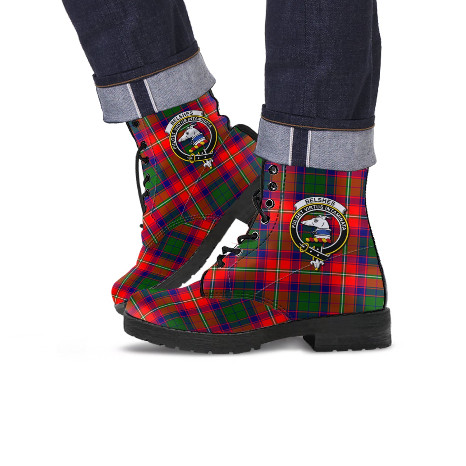 Belshes Tartan Leather Boots with Family Crest Men' Boots - Tartan Vibes Clothing