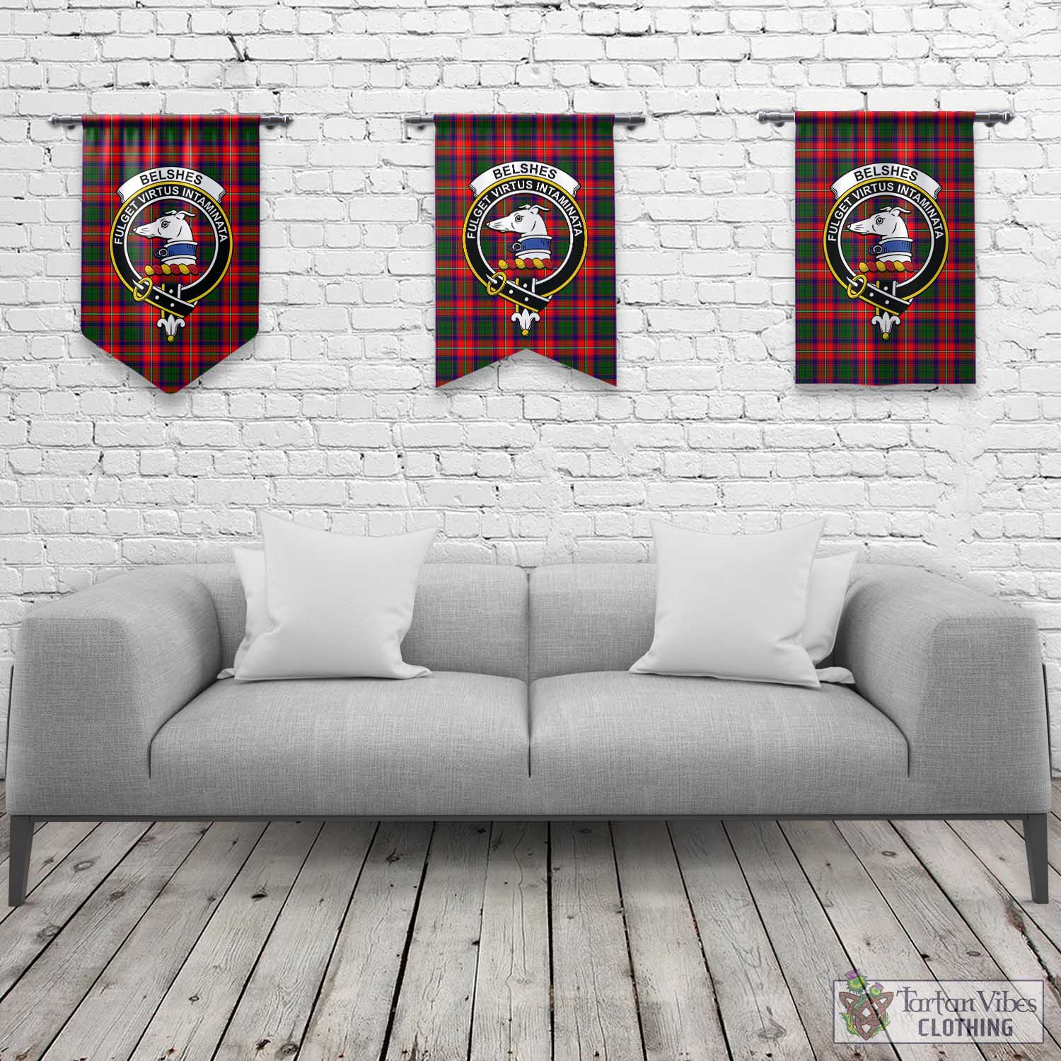 Belshes Tartan Gonfalon, Tartan Banner with Family Crest Rectangle - Tartan Vibes Clothing