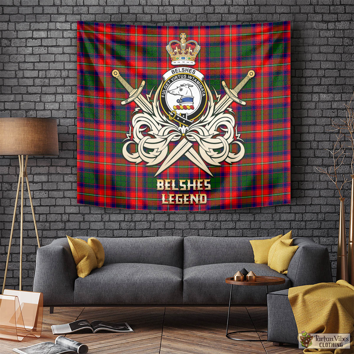 Tartan Vibes Clothing Belshes Tartan Tapestry with Clan Crest and the Golden Sword of Courageous Legacy