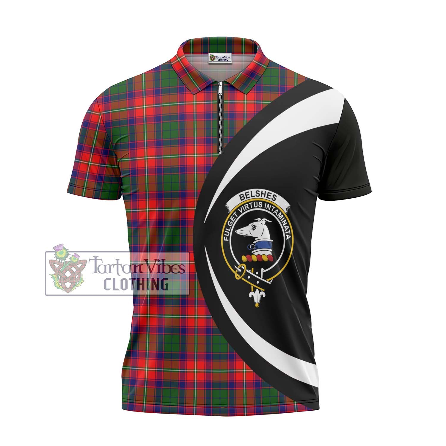 Belshes Tartan Zipper Polo Shirt with Family Crest Circle Style - Tartan Vibes Clothing