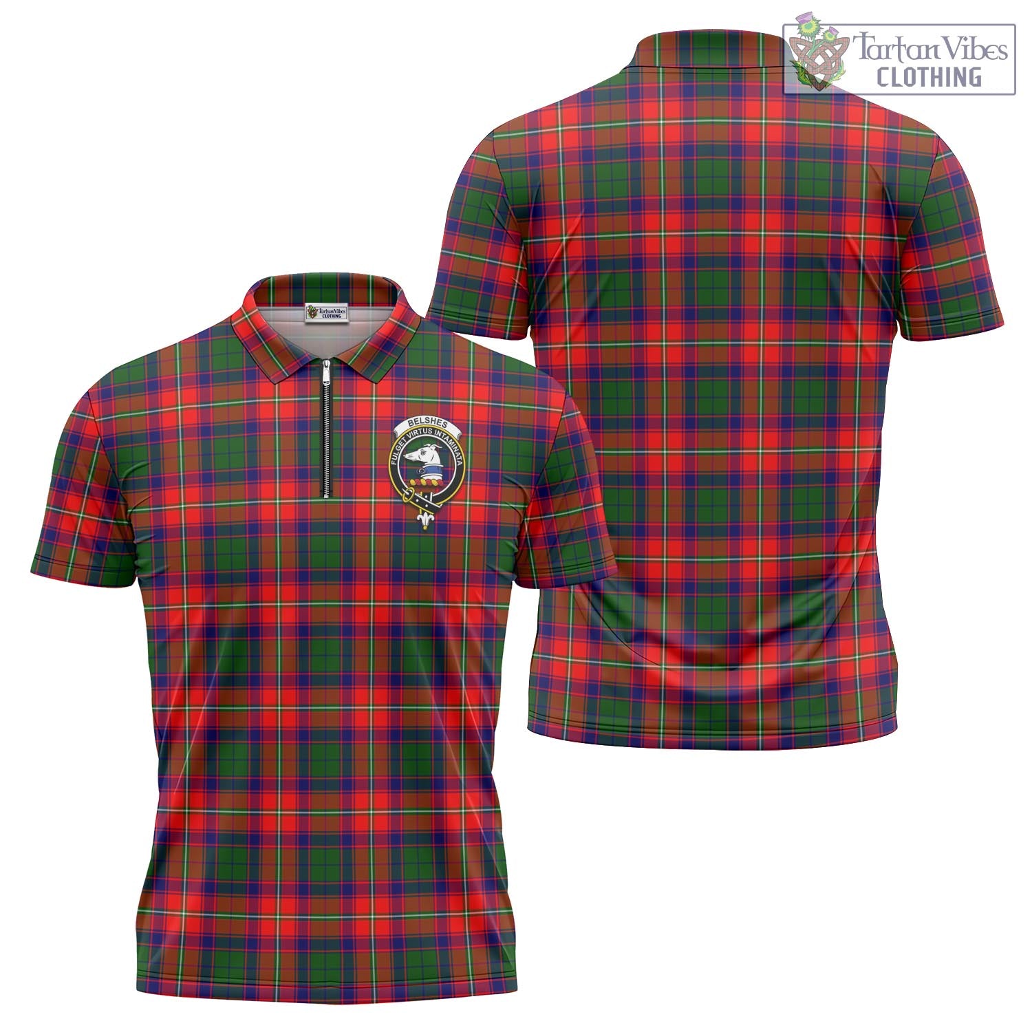 Belshes Tartan Zipper Polo Shirt with Family Crest - Tartan Vibes Clothing