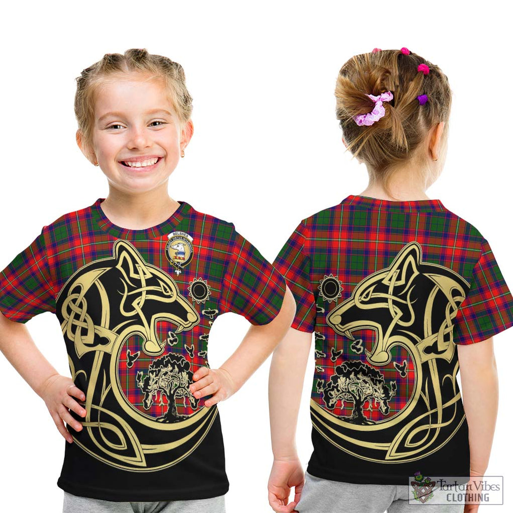 Belshes Tartan Kid T-Shirt with Family Crest Celtic Wolf Style - Tartan Vibes Clothing