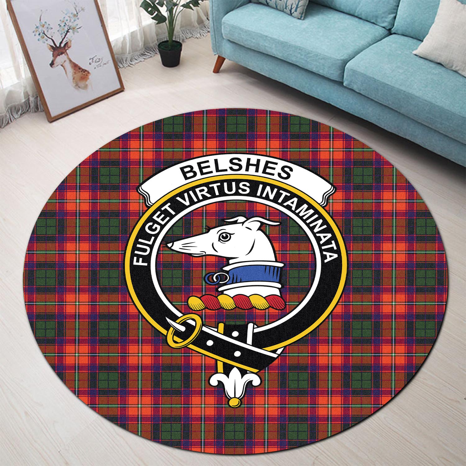 Belshes Tartan Round Rug with Family Crest - Tartan Vibes Clothing