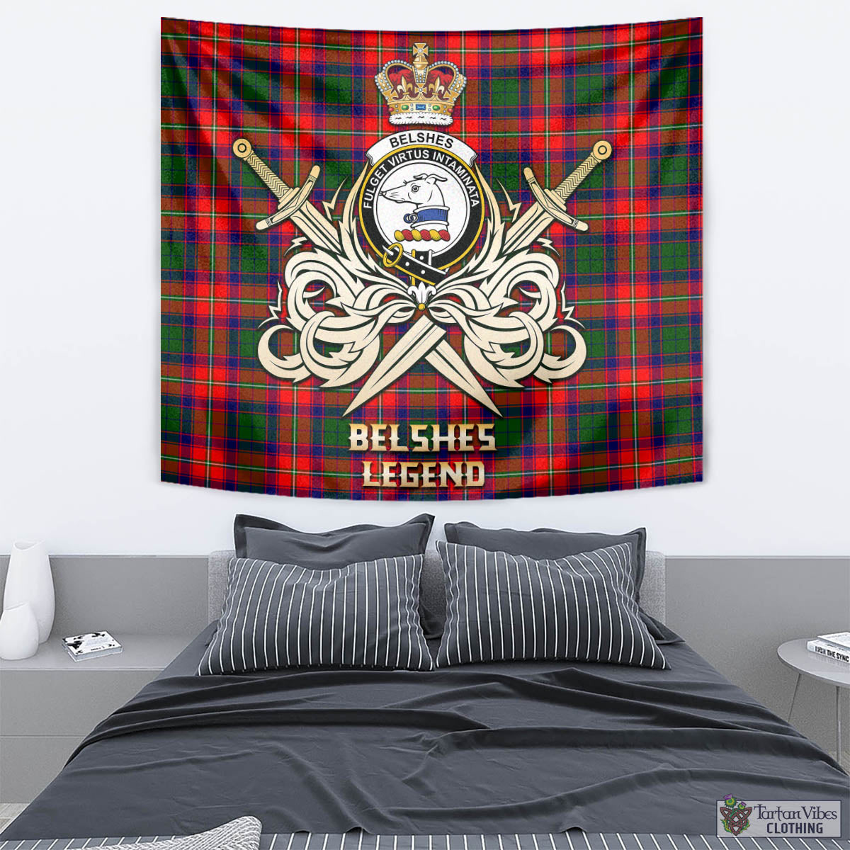Tartan Vibes Clothing Belshes Tartan Tapestry with Clan Crest and the Golden Sword of Courageous Legacy