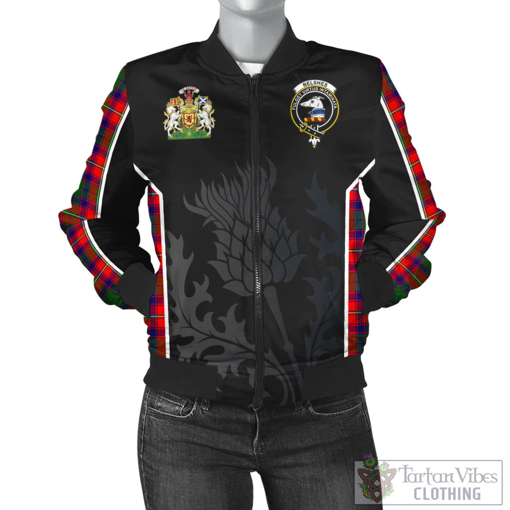 Belshes Tartan Bomber Jacket with Family Crest and Scottish Thistle Vibes Sport Style - Tartan Vibes Clothing