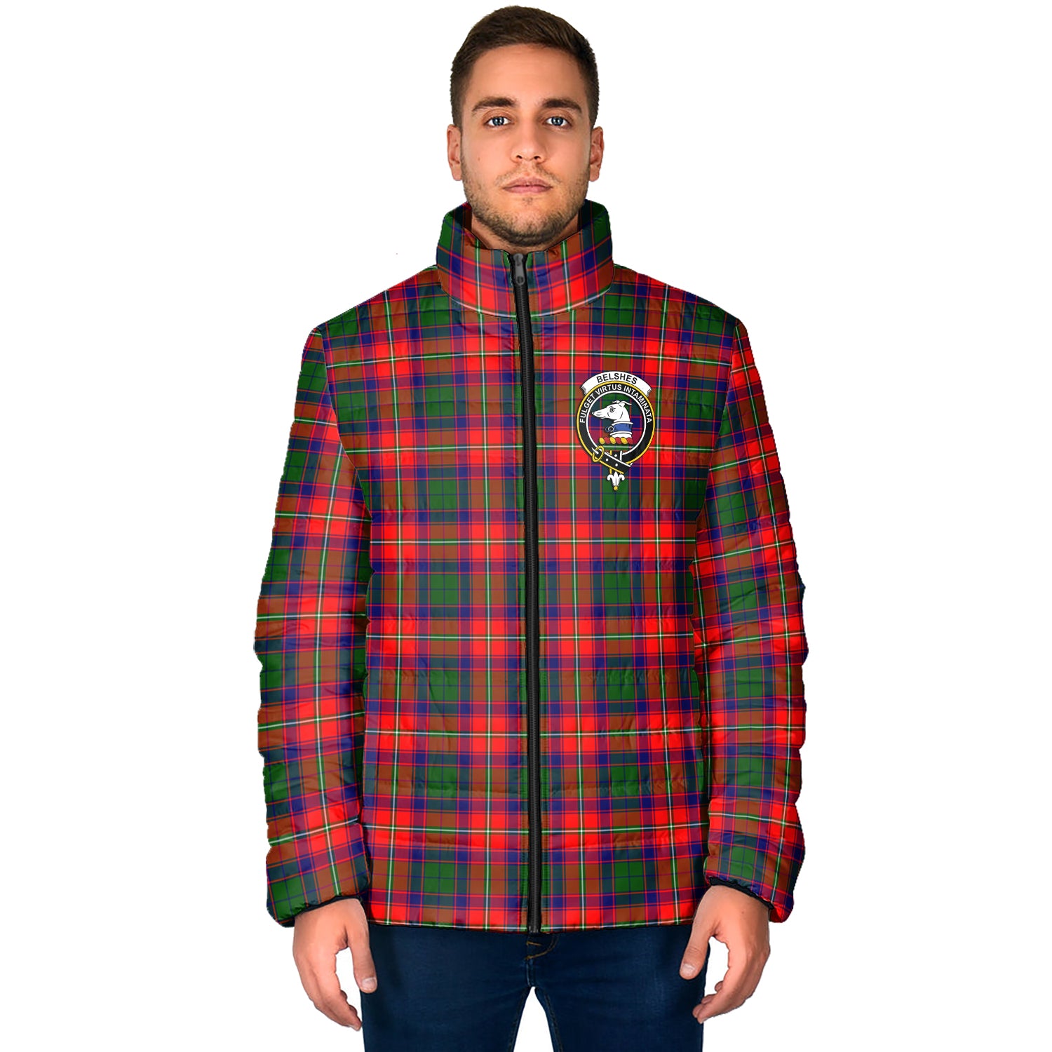 Belshes Tartan Padded Jacket with Family Crest - Tartan Vibes Clothing