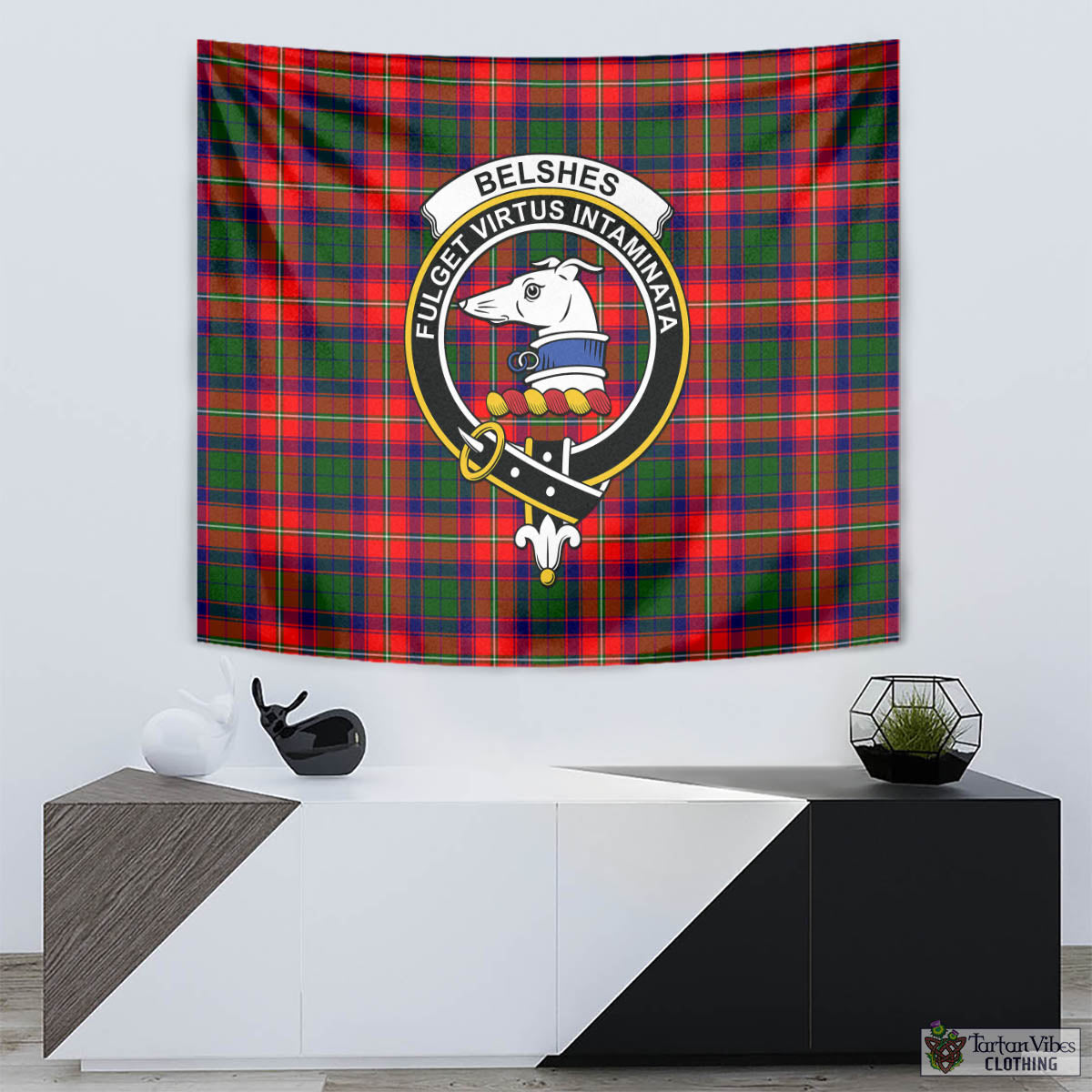 Tartan Vibes Clothing Belshes Tartan Tapestry Wall Hanging and Home Decor for Room with Family Crest