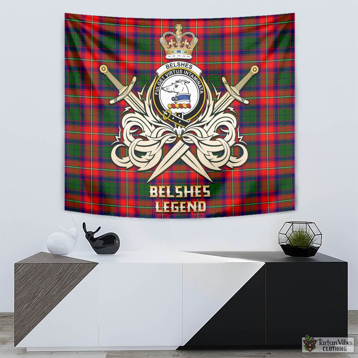 Tartan Vibes Clothing Belshes Tartan Tapestry with Clan Crest and the Golden Sword of Courageous Legacy