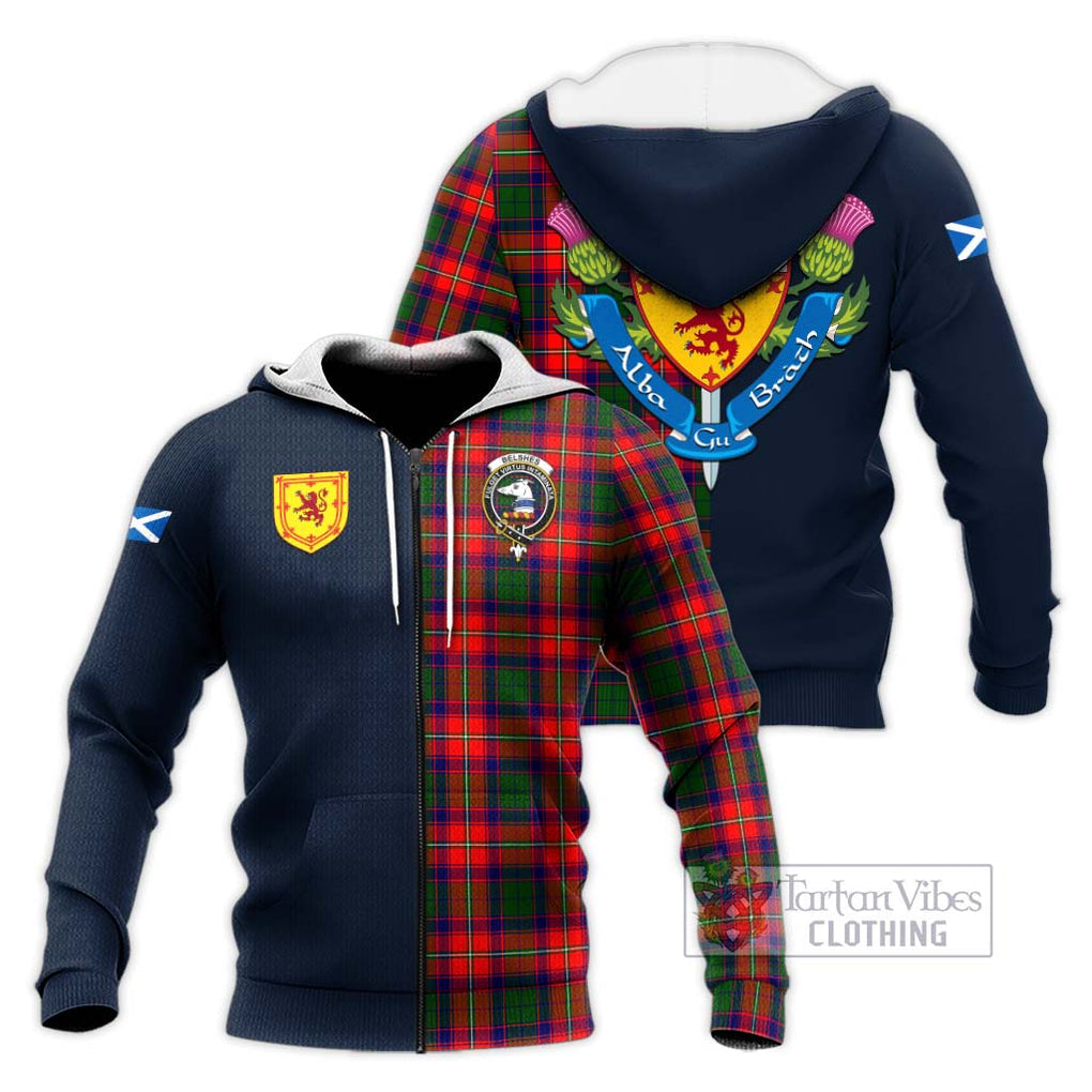 Belshes Tartan Knitted Hoodie Alba with Scottish Lion Royal Arm Half Style Unisex Knitted Zip Hoodie - Tartan Vibes Clothing