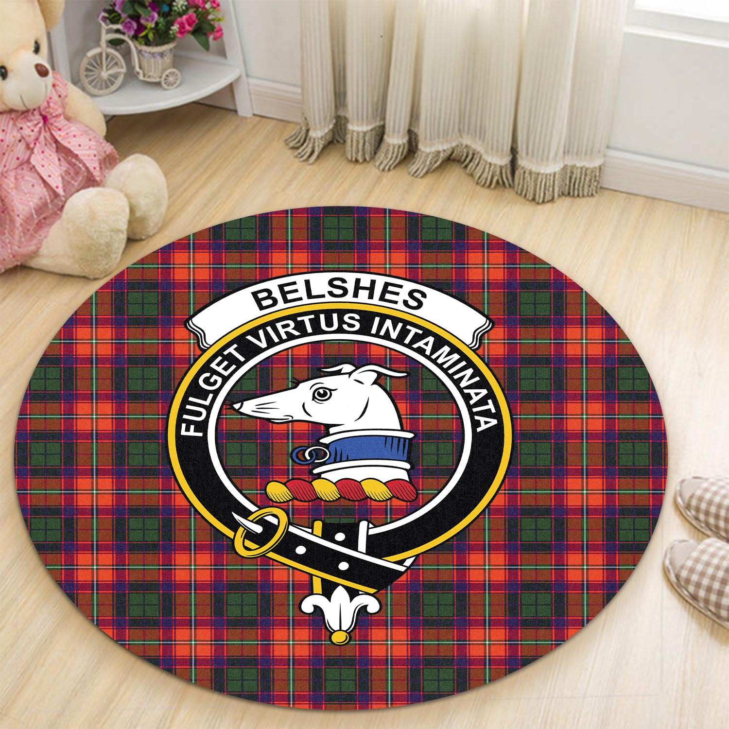 Belshes Tartan Round Rug with Family Crest - Tartan Vibes Clothing