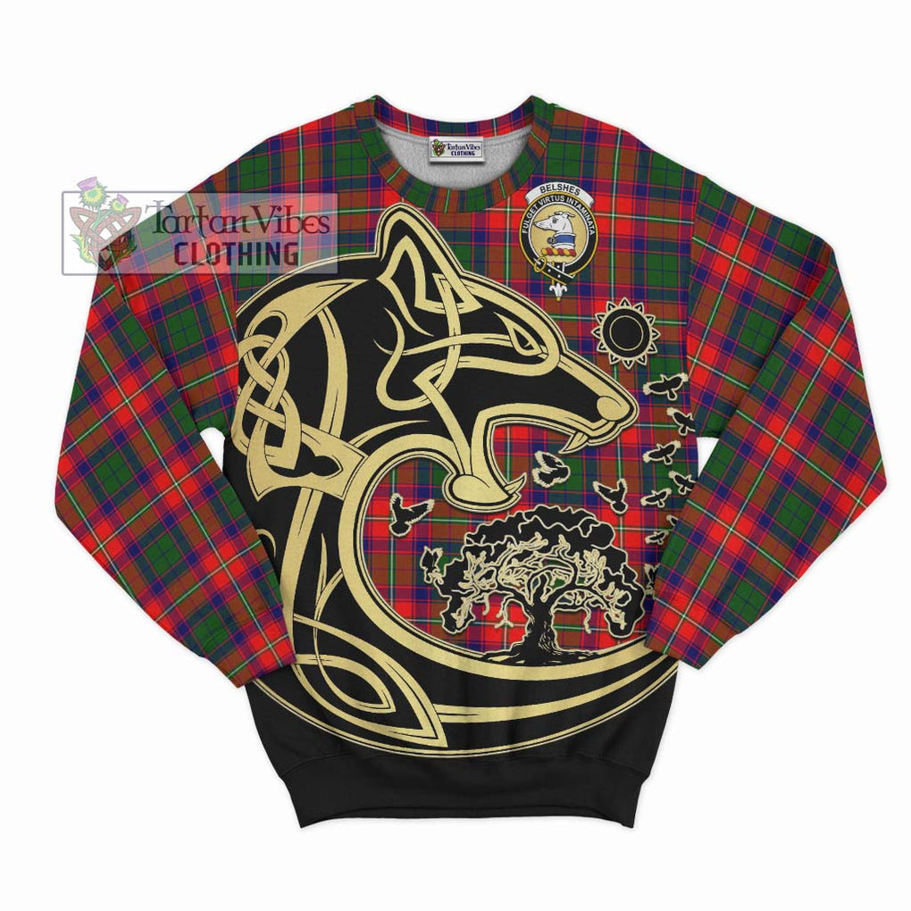 Belshes Tartan Sweatshirt with Family Crest Celtic Wolf Style - Tartan Vibes Clothing