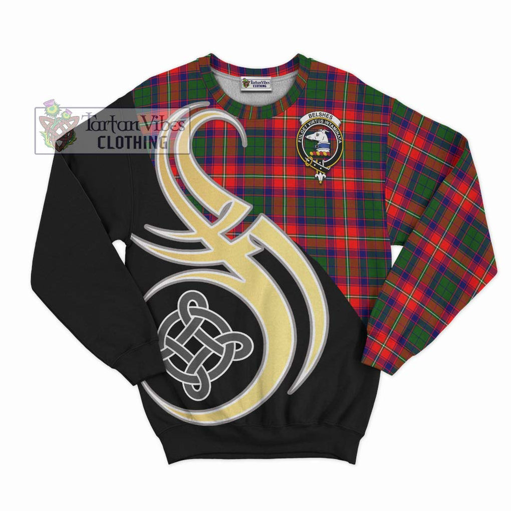 Belshes Tartan Sweatshirt with Family Crest and Celtic Symbol Style - Tartan Vibes Clothing