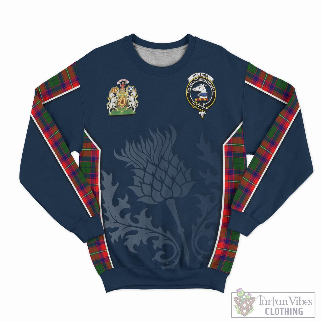 Belshes Tartan Sweatshirt with Family Crest and Scottish Thistle Vibes Sport Style - Tartan Vibes Clothing