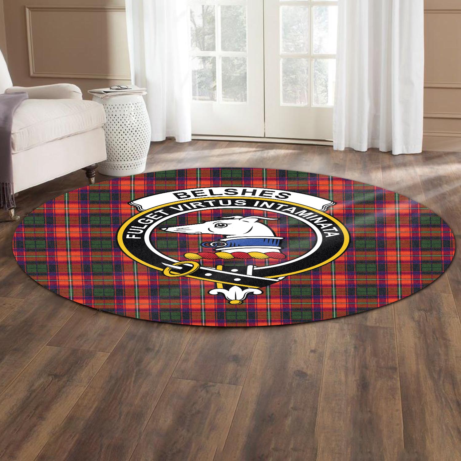 Belshes Tartan Round Rug with Family Crest - Tartan Vibes Clothing