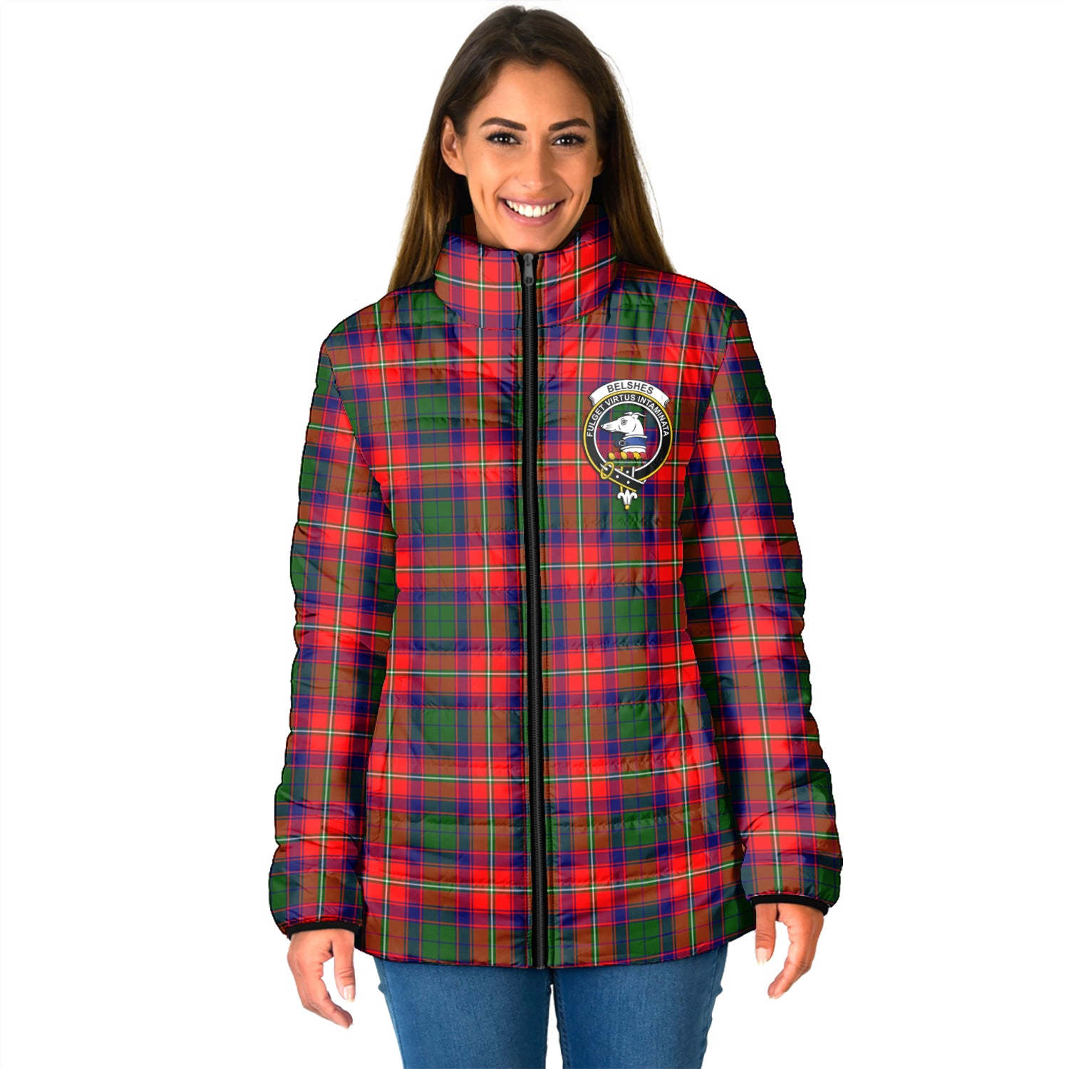 Belshes Tartan Padded Jacket with Family Crest - Tartan Vibes Clothing