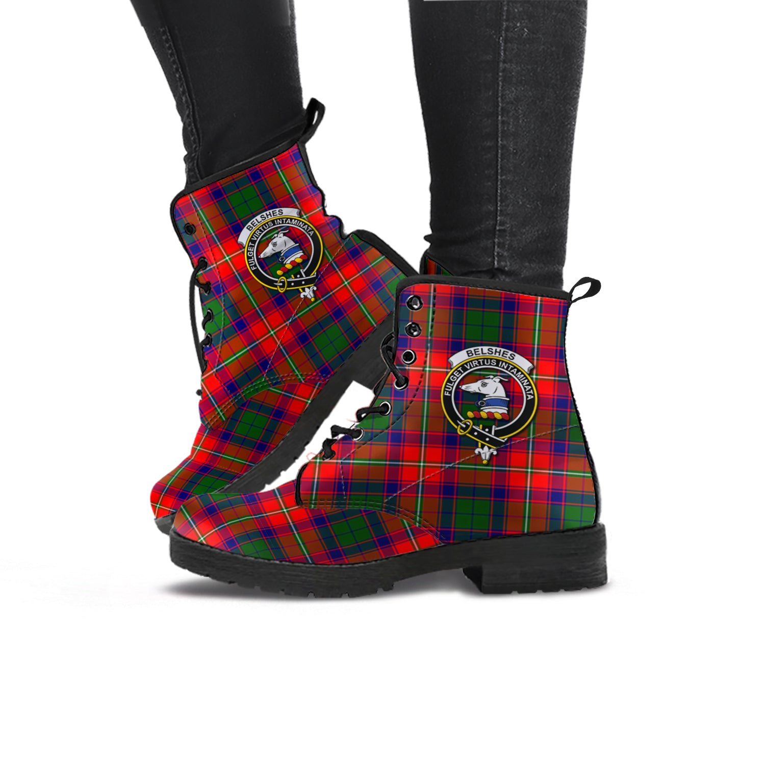 Belshes Tartan Leather Boots with Family Crest - Tartanvibesclothing
