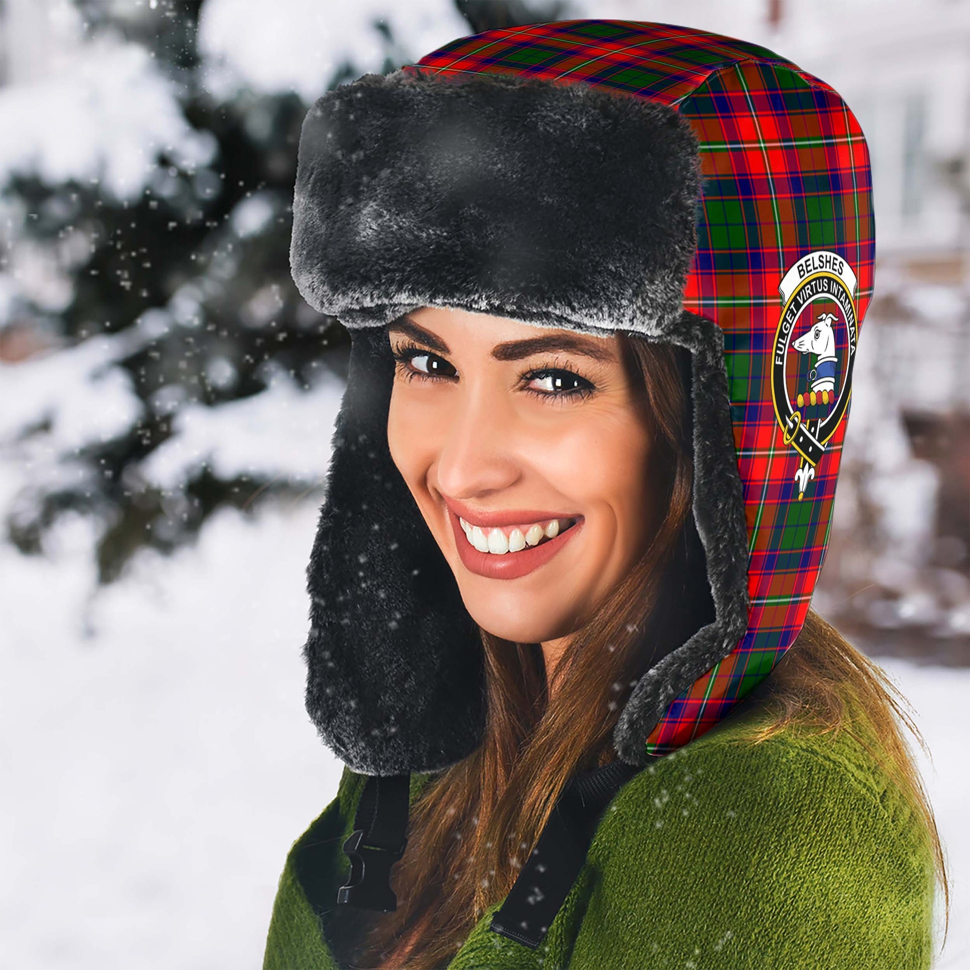 Belshes Tartan Winter Trapper Hat with Family Crest - Tartan Vibes Clothing