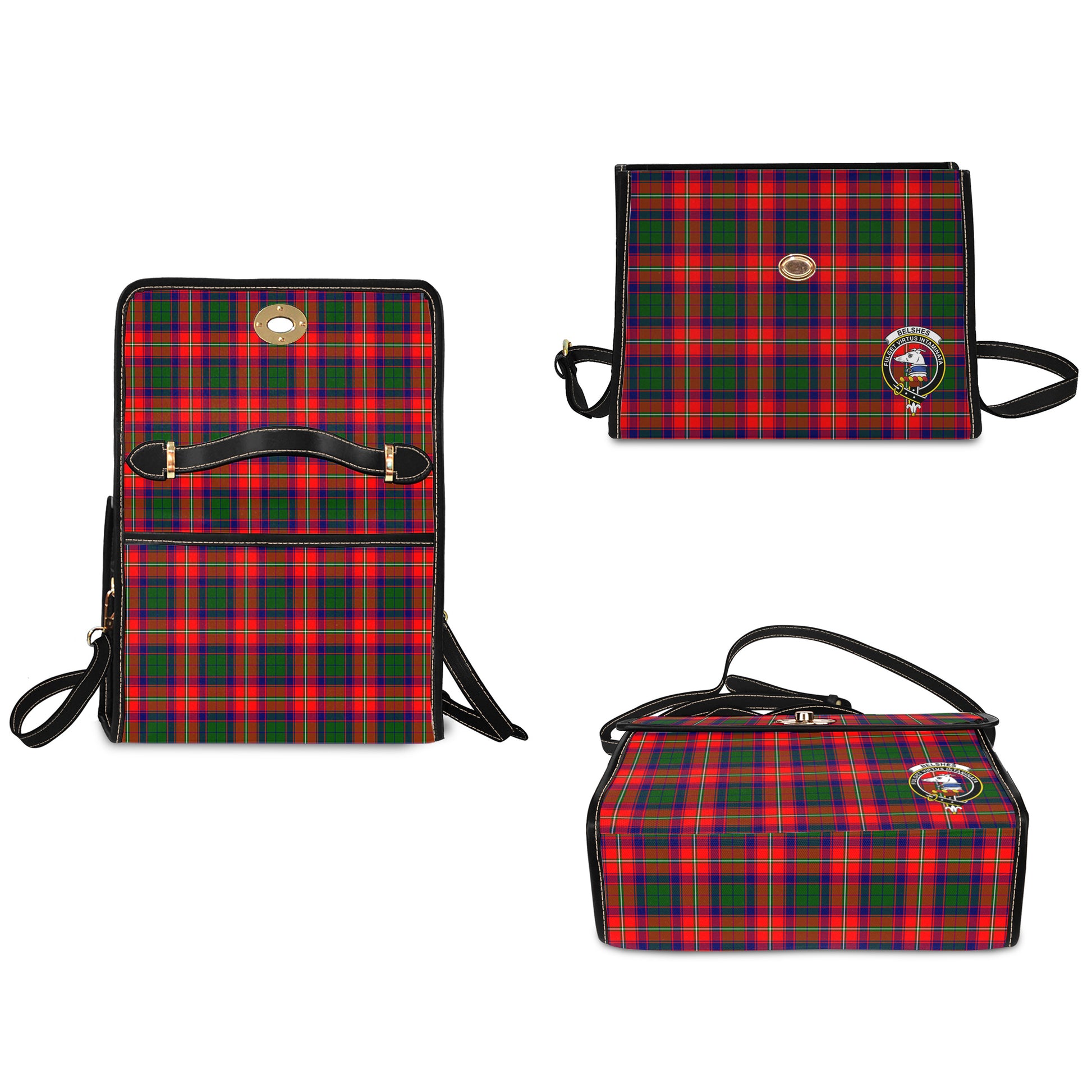 Belshes Tartan Leather Strap Waterproof Canvas Bag with Family Crest - Tartanvibesclothing