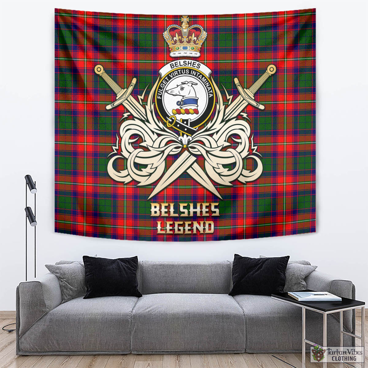 Tartan Vibes Clothing Belshes Tartan Tapestry with Clan Crest and the Golden Sword of Courageous Legacy