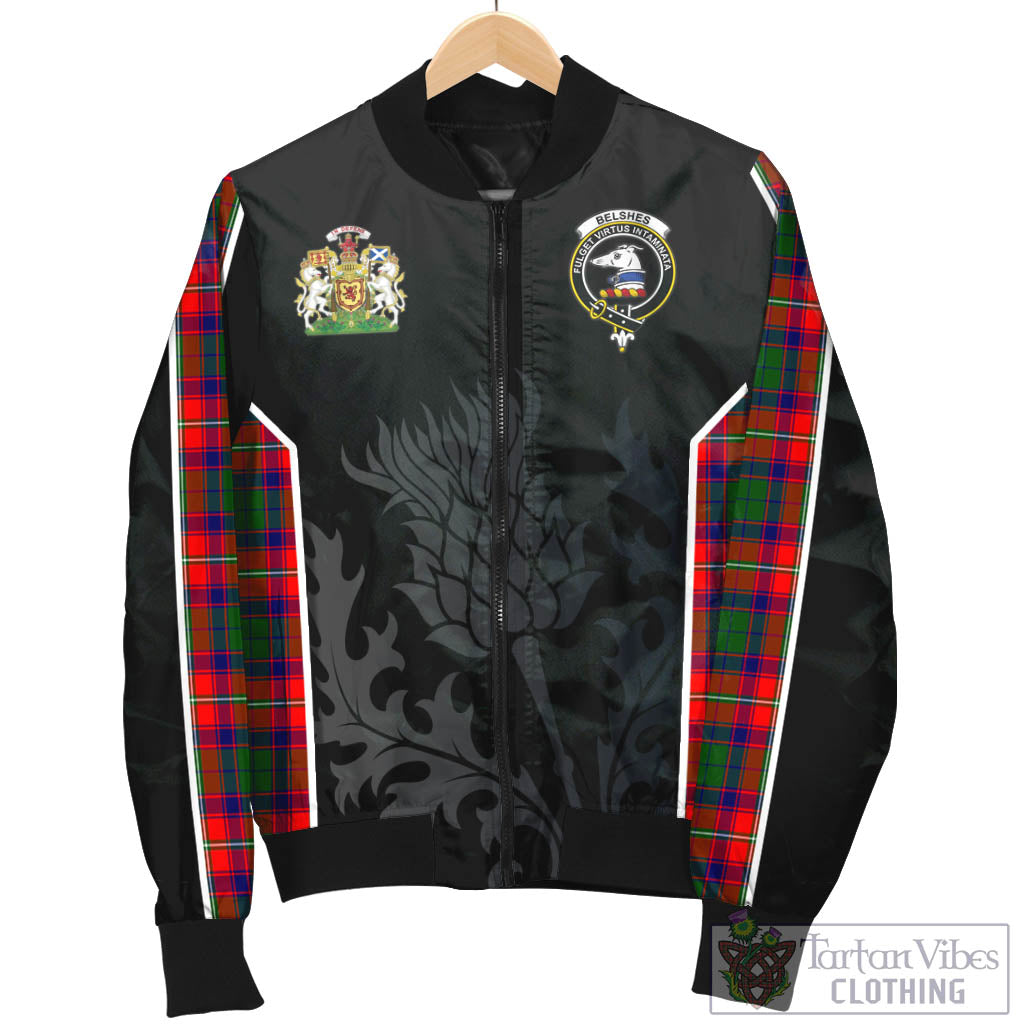Belshes Tartan Bomber Jacket with Family Crest and Scottish Thistle Vibes Sport Style - Tartan Vibes Clothing