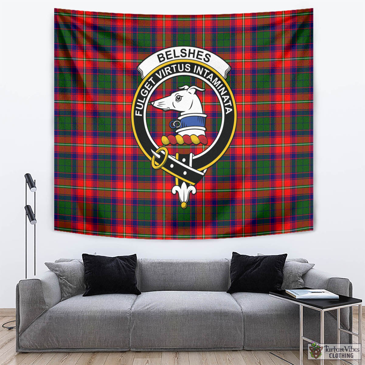 Tartan Vibes Clothing Belshes Tartan Tapestry Wall Hanging and Home Decor for Room with Family Crest