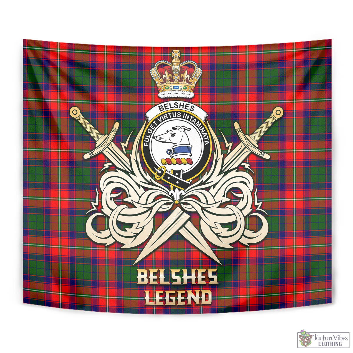 Tartan Vibes Clothing Belshes Tartan Tapestry with Clan Crest and the Golden Sword of Courageous Legacy
