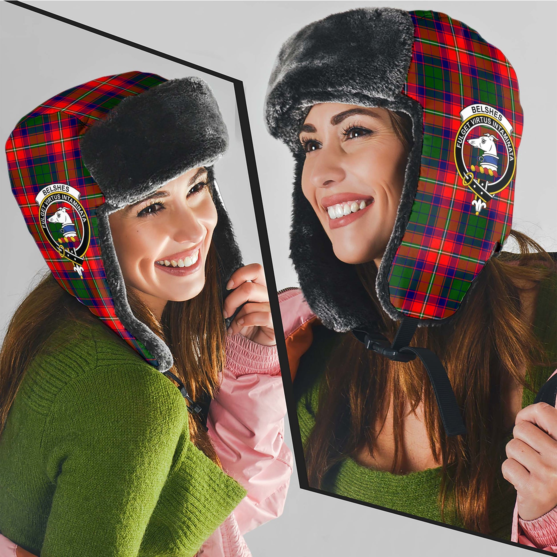 Belshes Tartan Winter Trapper Hat with Family Crest - Tartan Vibes Clothing