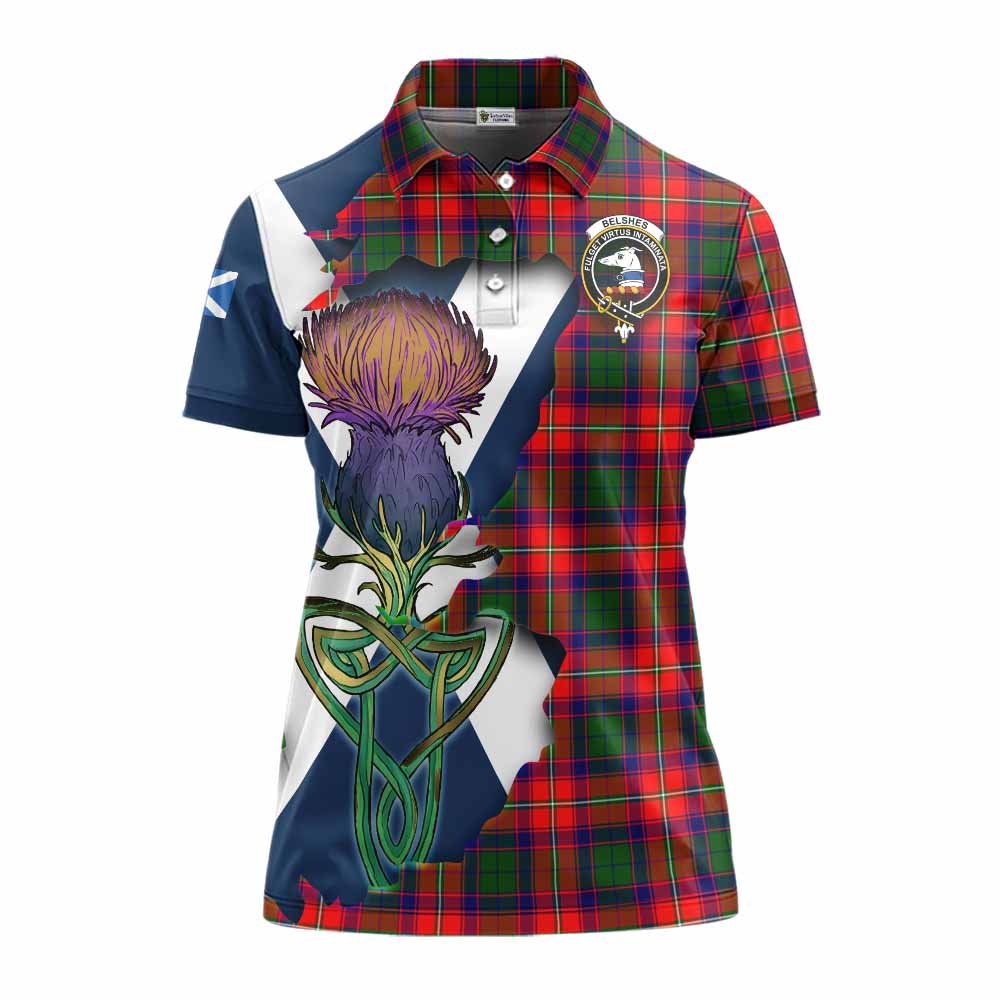Tartan Vibes Clothing Belshes (Belsches) Tartan Family Crest Women's Polo Shirt Scottish Thistle Celtic Inspired