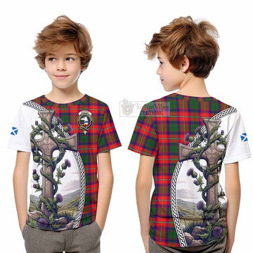 Belshes (Belsches) Tartan Kid T-Shirt with Family Crest and St. Andrew's Cross Accented by Thistle Vines Youth XL Size14 - Tartan Vibes Clothing