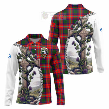 Belshes (Belsches) Tartan Long Sleeve Polo Shirt with Family Crest and St. Andrew's Cross Accented by Thistle Vines Unisex - Tartan Vibes Clothing