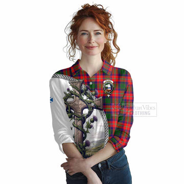 Belshes (Belsches) Tartan Women's Casual Shirt with Family Crest and St. Andrew's Cross Accented by Thistle Vines Female - Tartan Vibes Clothing