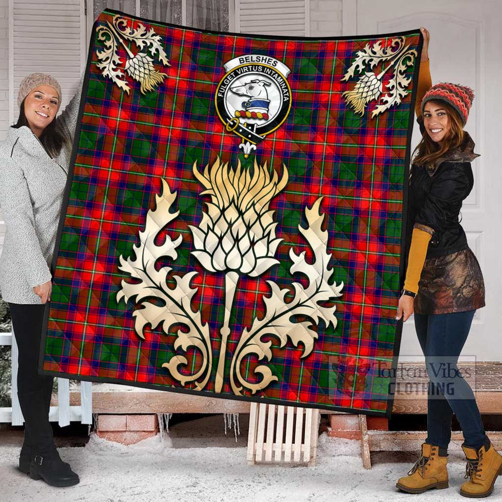 Belshes (Belsches) Tartan Quilt with Family Crest and Golden Thistle Style Super King Quilt 91" x 110" - Tartan Vibes Clothing