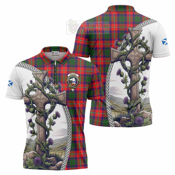Belshes (Belsches) Tartan Zipper Polo Shirt with Family Crest and St. Andrew's Cross Accented by Thistle Vines Unisex - Tartan Vibes Clothing