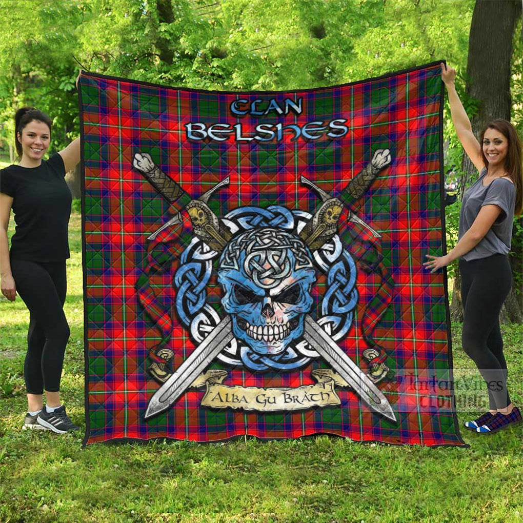 Belshes (Belsches) Tartan Quilt with Celtic Skull Alba Gu Brath Style Super King Quilt 91" x 110" - Tartan Vibes Clothing